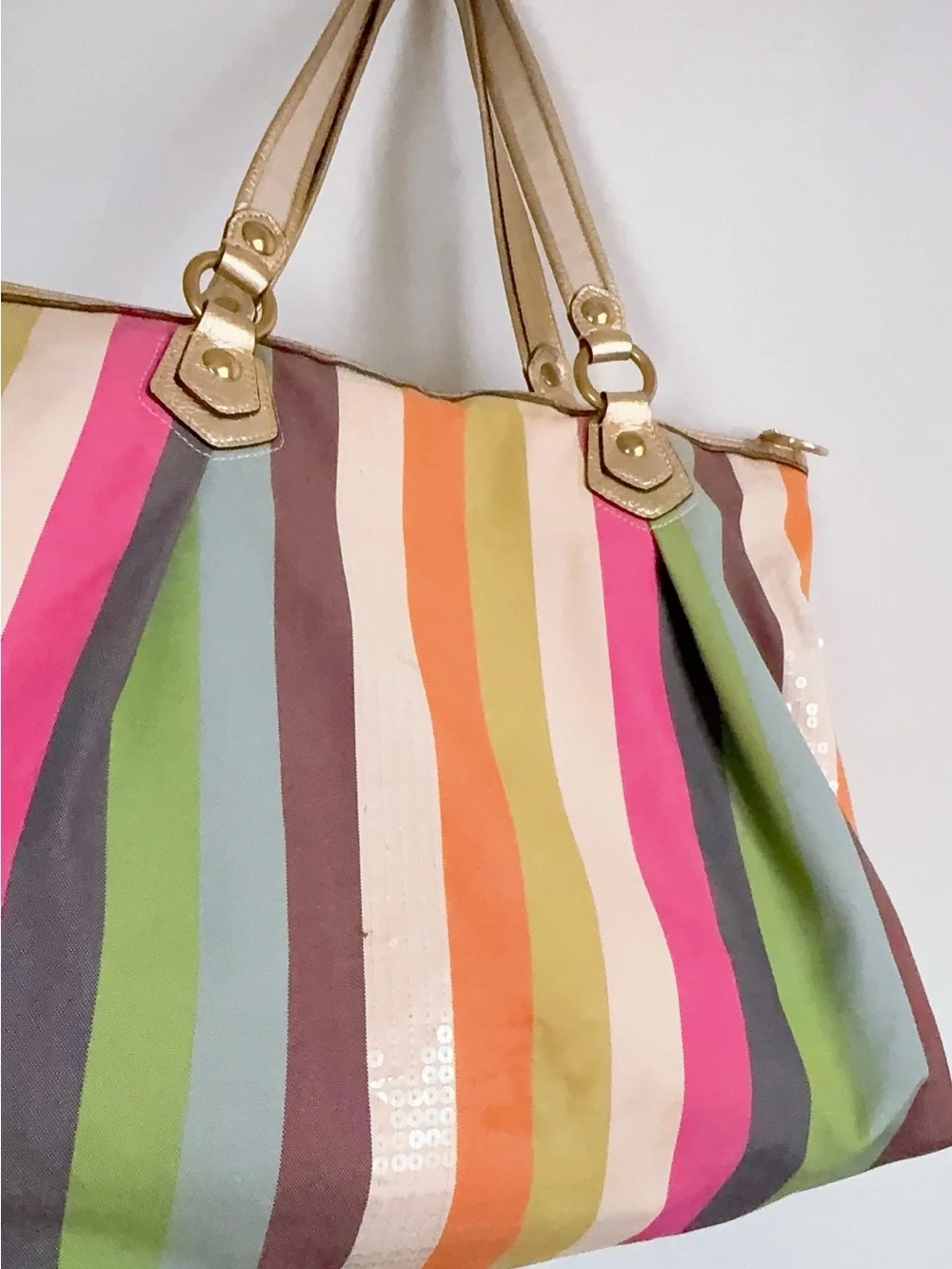 Authentic Coach Poppy Legacy Multicolor Stripes Tote Sequin & Gold Leather - Picture 6 of 12
